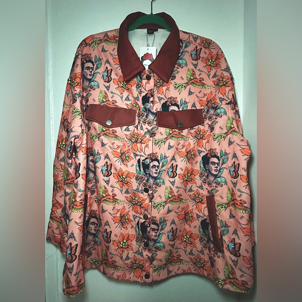 Frida Kahlo X SHEIN Plus Figure & Floral Print Drop Shoulder Jacket